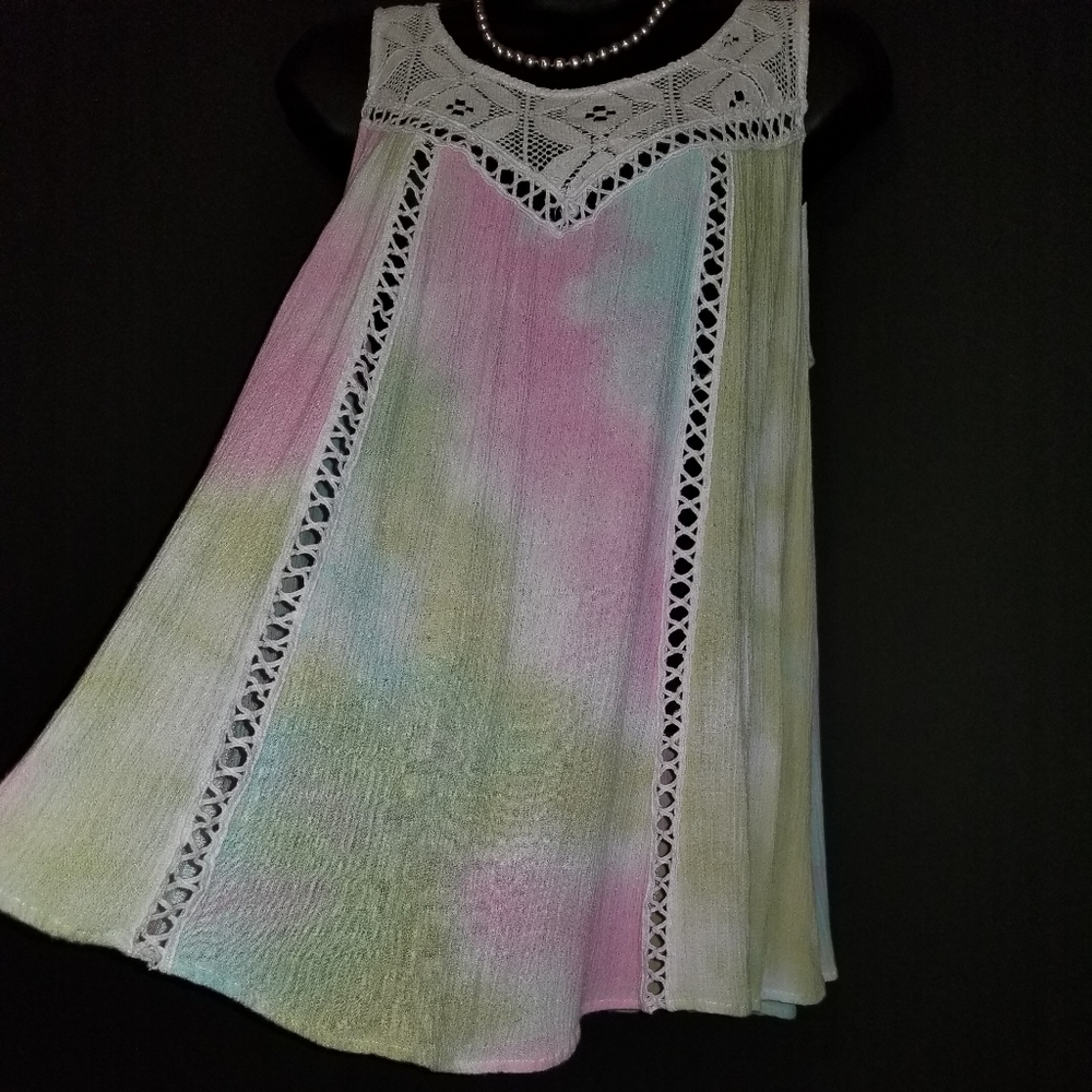 Pastel TieDye Top W/Lace Inserts, Size S